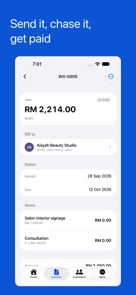 A saved invoice with line items, SST and a total.